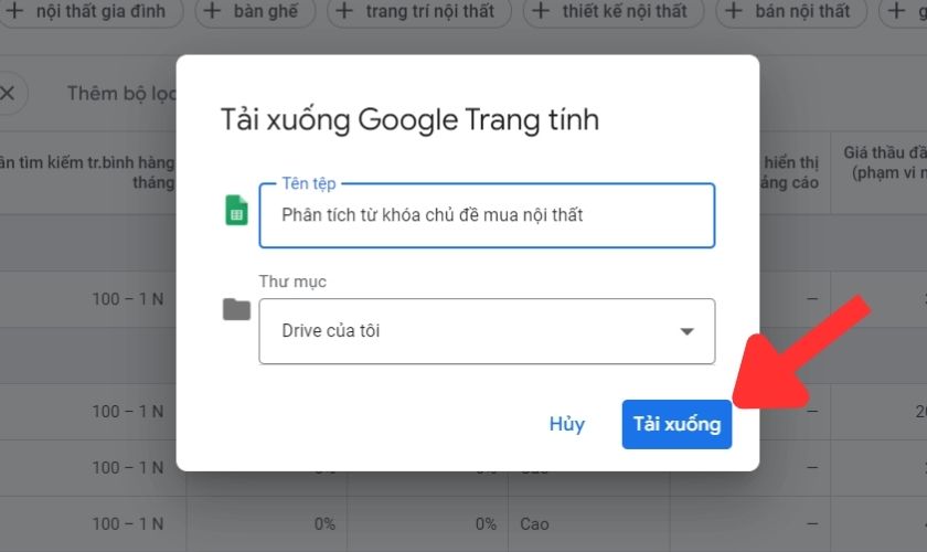 Chọn tính năng tải trang tính bộ từ khóa về drive cá nhân của google Keyword Planner