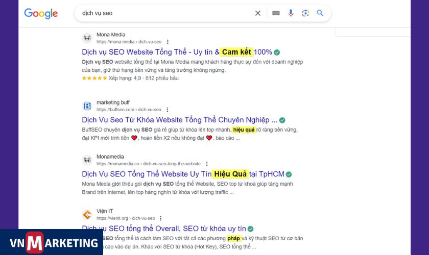 Ví dụ về các đối thủ cạnh tranh trực tiếp với từ khóa bạn muốn tối ưu SEO Google